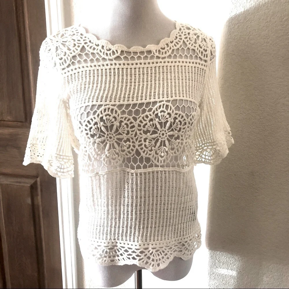 Anthropologie Crochet Top Open Knit Lacey XS Beachy James Coviello Off White NEW